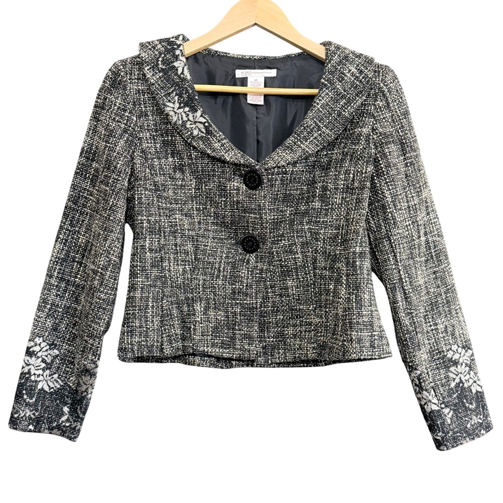 Nine & Co Women Blazer 8P‎ Tweed Lace Cropped Jacket Dark Academia Office Siren